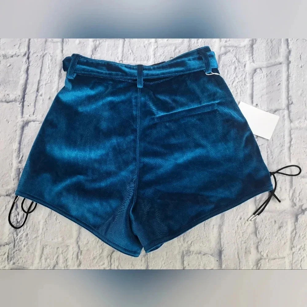 NWT  self-portrait Peacock Blue Double Zip Shorts Velvet Belt Size 2 US / 6 UK - Picture 6 of 11